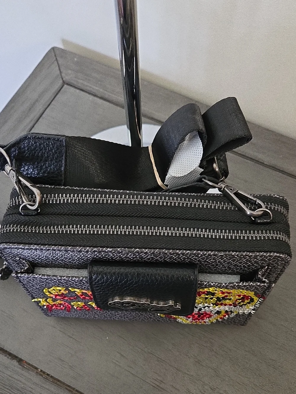 Ed Hardy Black Crossbody Wallet with Yellow & Red Tiger Graphic